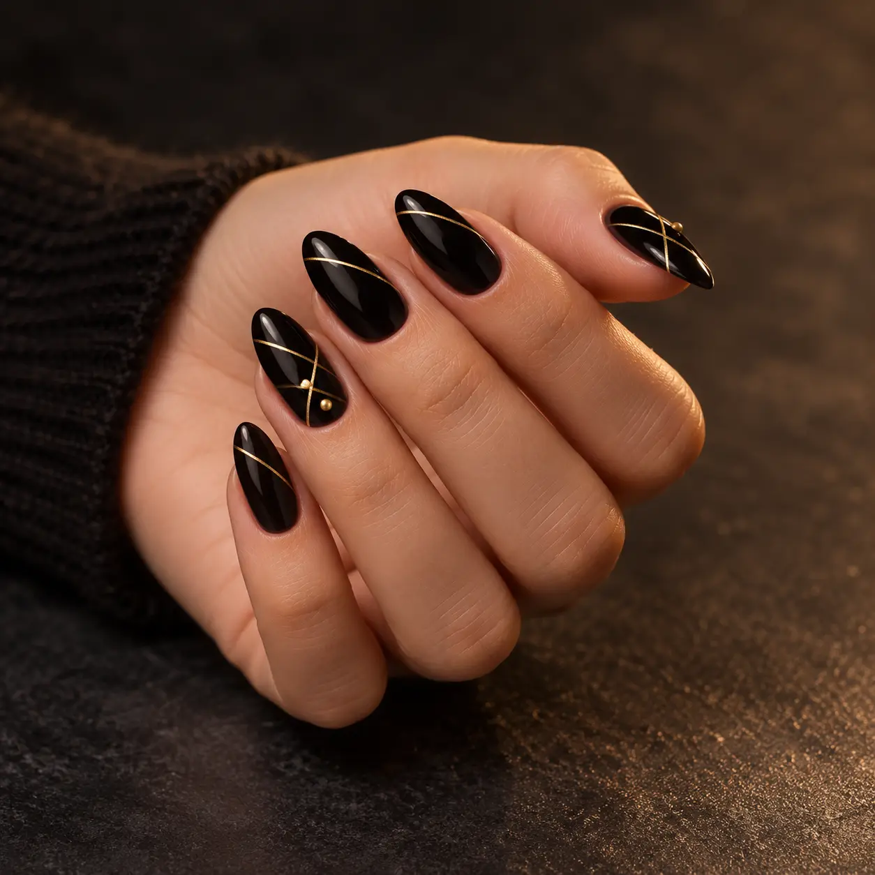 Uñas Halloween color negro y dorado